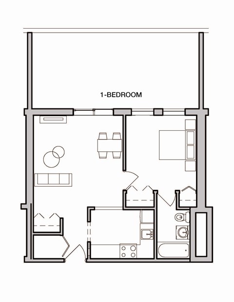 Floor plan for 1 bed, 1 bath, 389 sqft